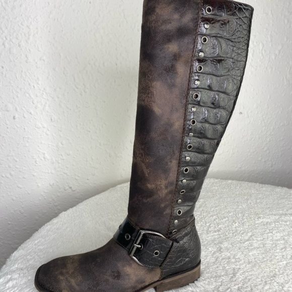 Ladies Donald J Pliner Brown Suede Alligator Knee High Zip Up Boots Size: 6.5 M - Picture 3 of 16